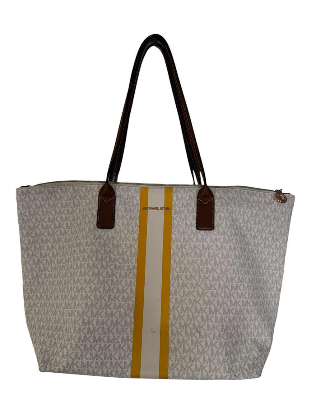 Michael Kors Jet Set Travel Tote in a white and yellow striped logo design